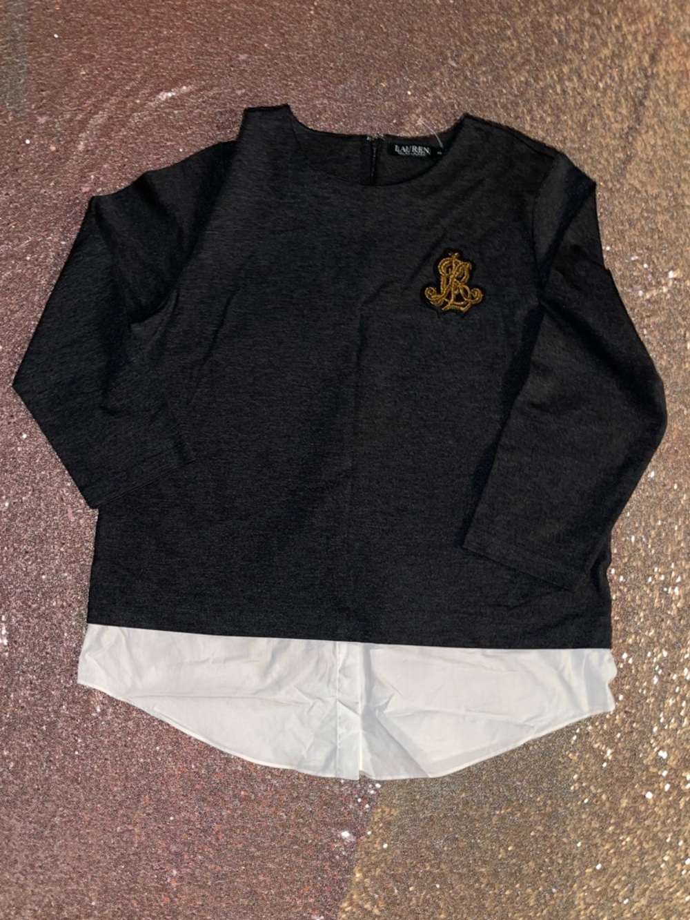 Lauren Ralph Lauren Black Top with White Hem and Gold Crest